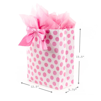 Hallmark Extra Large 15" Gift Bag with Tissue Paper (Pinky Dots and Bow) for Birthdays, Easter, Baby Showers, Bridal Showers, All Occasions