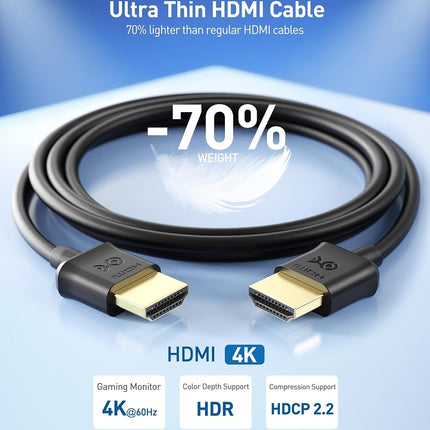 Cable Matters 2-Pack Ultra Thin HDMI Cable 10 ft, Support 4K@60Hz, Ultra Slim HDMI Cable 4K Rated with Ethernet, HDR Support for PS5, Xbox Series X/S, RTX4090/3090, RX 7900/7800, Apple TV, and More