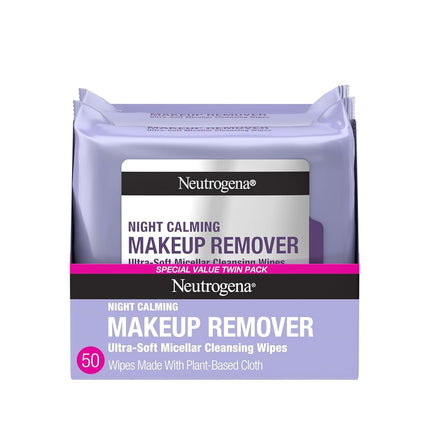 Neutrogena Makeup Remover Night Calming Cleansing Towelettes, Disposable Nighttime Face Wipes to Remove Dirt, Oil & Makeup, 25 ct, Twin Pack