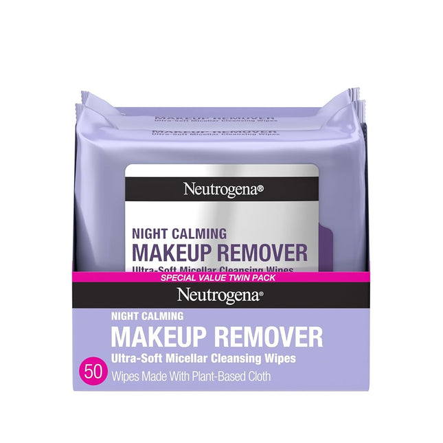 Neutrogena Makeup Remover Night Calming Cleansing Towelettes, Disposable Nighttime Face Wipes to Remove Dirt, Oil & Makeup, 25 ct, Twin Pack