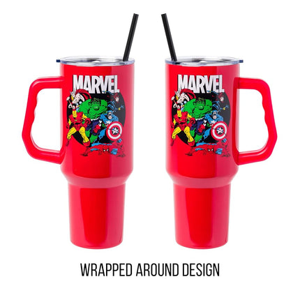 Silver Buffalo Marvel Avengers Stainless Steel Tumbler with Handle and Straw Featuring Captain America, Thor, Hulk, Iron Man, Black Widow, and Spiderman, Fits in Standard Cup Holder, 40 Ounces