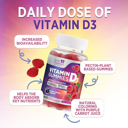 Vitamin D3 Gummy Vitamins, 125mcg per Serving, Immune Support, Delicious Raspberry Flavor, 60 ct (30 Day Supply)
