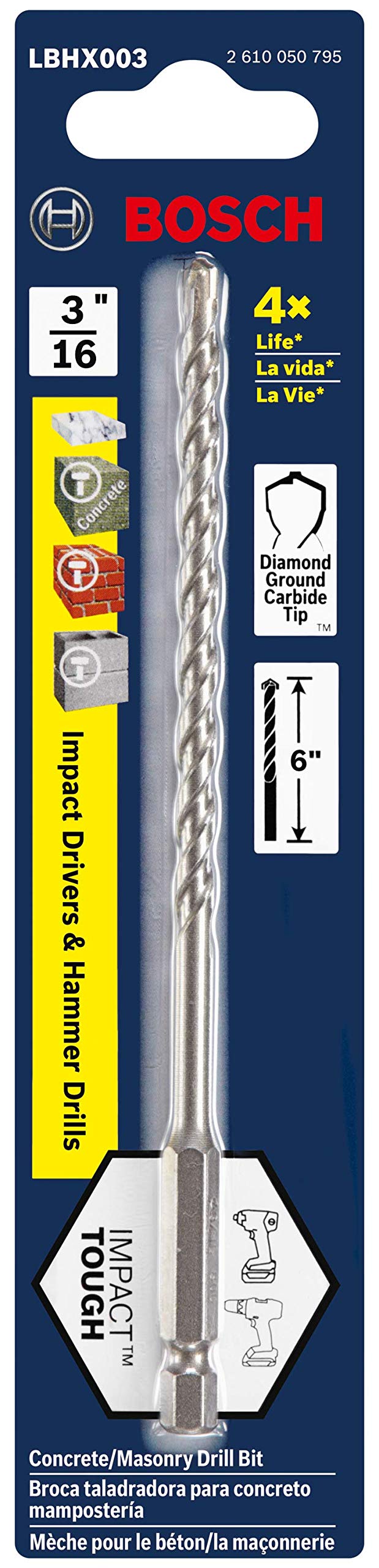 Bosch Broca para taladro percutor de vástago hexagonal de 3/16 pulg. X 6 pulg. LBHX003