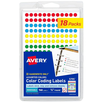 Avery Removable Color Coding Labels, 0.25 Inches, Assorted, Round, 18 Packs (5795)