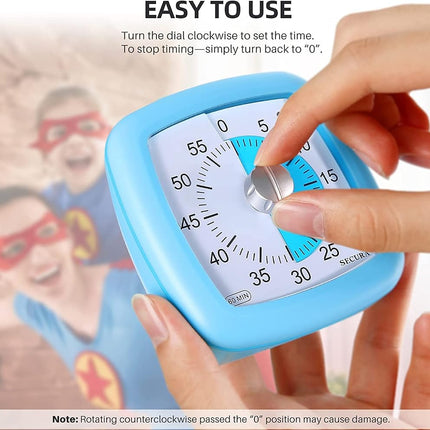 Secura 60-Minute Visual Timer, Kitchen Timer, Countdown Timer for Kids and Adults, Loud Alarm, Time Management Tool with Pause Function (Blue)