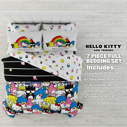 Parure de lit 7 pièces super douce Franco Collectibles Sanrio Hello Kitty & Friends avec couette et draps, avec taie d'oreiller, grand lit (produit 100 % sous licence officielle)