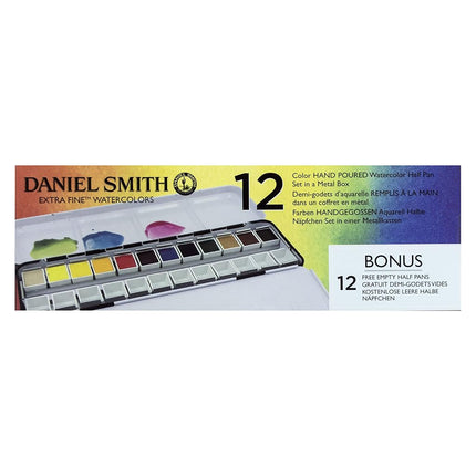 Daniel Smith 285650107 Solid Watercolor, Extra Fine 12 Color Set, Half Pan, Metal Case and 12 Empty Containers