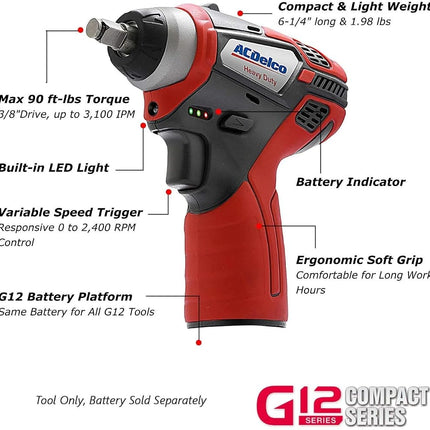 ACDelco ARW1209-K14 G12 Series 12V Li-ion Cordless 3/8” Ratchet Wrench & Impact Wrench Combo Tool Kit with Canvas Bag