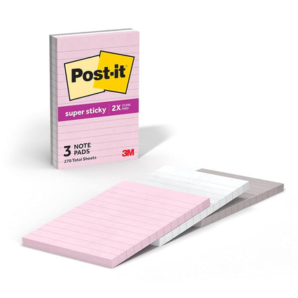 Post-it Super Sticky Notes, 3 Lined Sticky Note Pads, 4 x 6 in., School Supplies, Office Products, Sticky Notes for Vertical Surfaces, Monitors, Walls and Windows, Simply Serene Collection