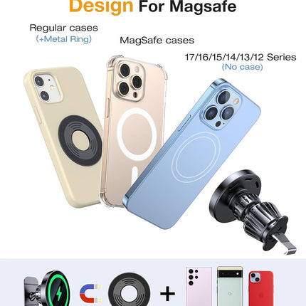 Kaistyle MagSafe Car Mount Charger for iPhone 12/13/14 Pro Max, Mini, Magsafe Cases, Android Phones - Strong Magnetic, Super Stick Force, Safe Driving View, 360° Rotation