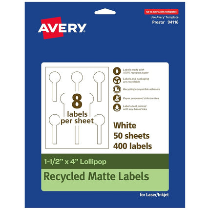 Avery EcoFriendly Matte White Recycled Lollipop Labels, 1.5" x 4", Print-to-The-Edge, Matte White Labels, Permanent Adhesive, Laser/Inkjet Printable, 400 Total