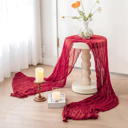 Sioloc 5 Pack Burgundy Red Cheesecloth Table Runner Summer Decor 90cmX300cm Boho Gauze Runner for Fall Autumn Halloween Decor Wedding Party Baby Bridal Shower Engagement