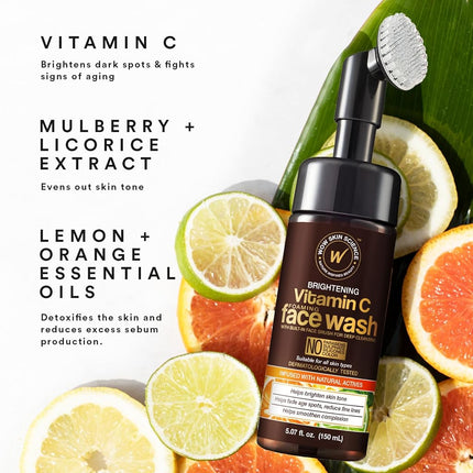 WOW Skin Science Brightening Vitamin C Foaming Face Wash, Built in Brush for Deep Cleansing, All Skin Type, Glowing Bright Skin Cleanser, Paraben & Sulphates Free Face Wash for Women & Men - (5.07 fl 0z, 150 mL)