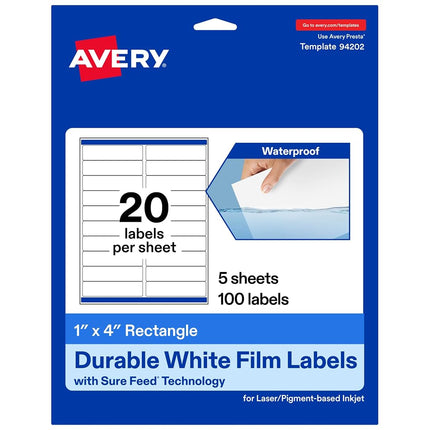 Avery Durable Waterproof Rectangle Labels, Sure Feed Technology, 1" x 4", 100 Total, Oil and Tear-Resistant, Waterproof, Laser/Pigment-Based Inkjet Printable