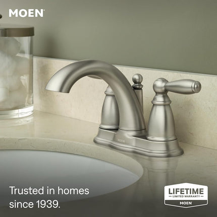 Moen Brantford Brushed Nickel Two-Handle Low-Arc Centerset Bathroom Faucet with Drain Assembly, 6610BN