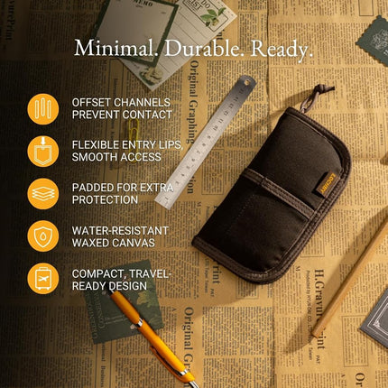 LOCHBY® Quattro | Slim and Elegant Pen Pouch, Durable Waxed Canvas, Lightly Padded for Fountain Pen and Mechanical Pencil, Compact Design Holds 4 Pens, for Everyday Carry, Travel and Creative Artists