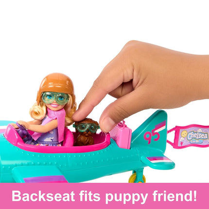 Barbie Chelsea Can Be Doll & Plane Playset, 2-Seater Aircraft with Spinning Daisy Propellor & 7 Accessories, Including Puppy & Stickers, HTK38