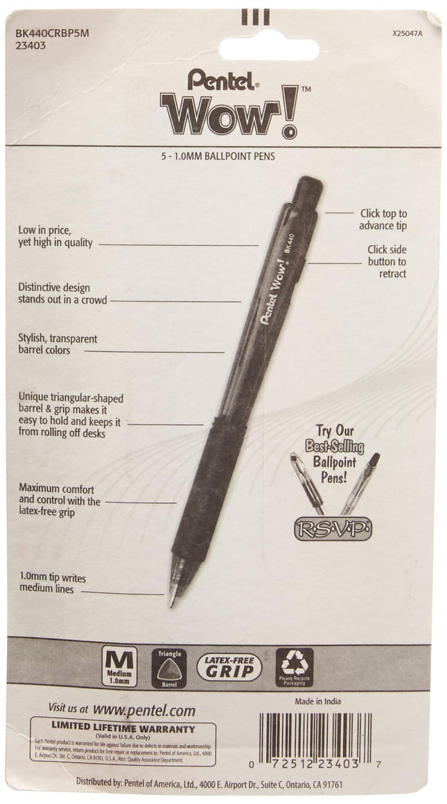 Pentel Of America 5 Count Wow! Retractable Ball Point Pen BK440CRBP5M - Pack of 6