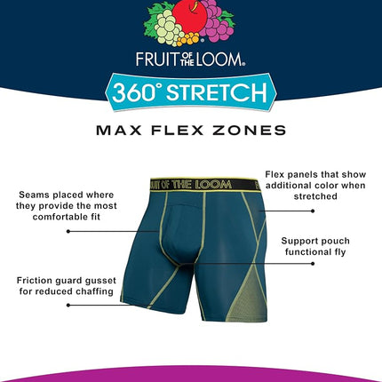 Fruit of the Loom Men's 4-Way Stretch Boxer Briefs | Lightweight & Moisture Wicking Underwear | Long, Regular Leg & Trunk, Max Flex Zones-3 Pack-Colors May Vary, S (Pack of 3)