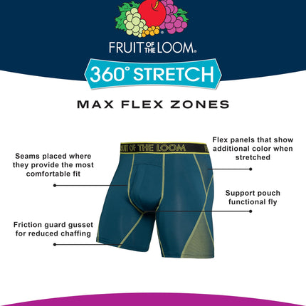 Fruit of the Loom Men's 360 Stretch Boxer Briefs, High Performance Stretch, Quick Dry & Moisture Wicking, Max Flex Zones - 3 Pack - Colors May Vary, M