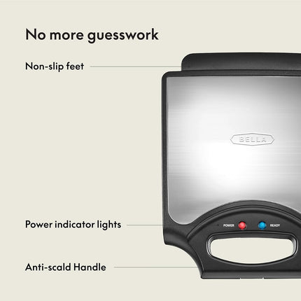 Gofrera Clásica BELLA, Gofrera Belga de 4 Cuadros, Placas Antiadherentes Extra Grandes para Fácil Limpieza, Asas Frías al Tacto, Acero Inoxidable, Negro, 1400W