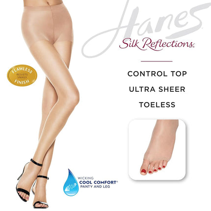 Hanes Silk Reflections Women's Lasting Sheer Control Top Toeless Pantyhose, Natural, GH