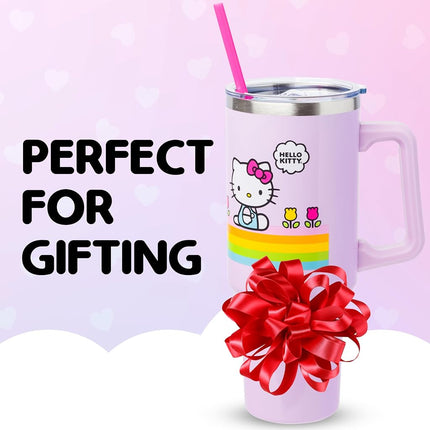 Vaso de acero inoxidable de doble pared Silver Buffalo Sanrio Hello Kitty, diseño de flores de primavera y verano con rayas arcoíris, con asa y popote, cabe en portavasos estándar, 40 onzas
