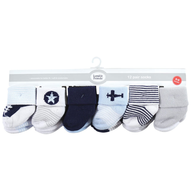 Luvable Friends Baby Girls Unisex Newborn Terry Socks, Airplane 12-Pack, 6-12 Months, (Pack of 12)