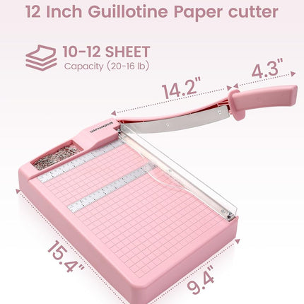 Paper Trimmer, 12" Cutting Length Heavy Duty Paper Cutter with Safety Protection and Blade Lock, Paper Cutter 12 Sheets, Cardstock/Laminate (Pink)