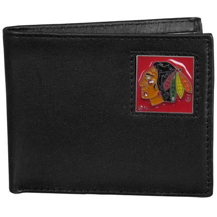 Portefeuille en cuir noir à deux volets des Blackhawks de Chicago de la LNH, emballé dans un coffret cadeau