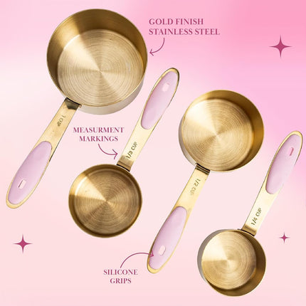 Paris Hilton Measuring Cups and Spoons Set, Stainless Steel with Pink Silicone Inset Handle, Dishwasher Safe, for Dry and Liquid Ingredients, 8-Piece Set, Gold and Pink