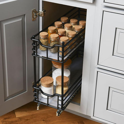 Rangement coulissant étroit à deux niveaux Household Essentials, noir mat, idéal pour les armoires minces dans la cuisine, la salle de bain et plus encore