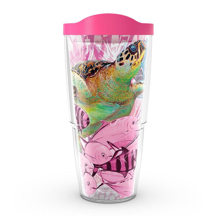 Tervis 1315704 Guy Harvey - Vaso térmico aislado con envoltura de tortugas para concienciación sobre el cáncer de mama y tapa de viaje fucsia, 710 ml, Transparente