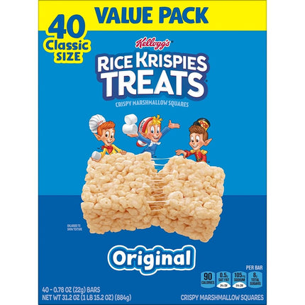 Rice Krispies Treats Crispy Marshmallow Squares, Kids Snacks, Cereal Bars, Original, 31.2oz Box (40 Bars)