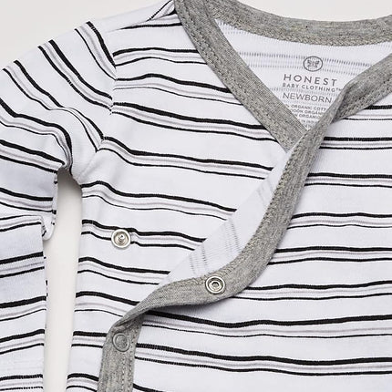 HonestBaby Baby 3-Pack Organic Cotton Long Sleeve Side-snap Kimono Bodysuits Toddler T-Shirt Set, Sketchy Stripe, 0-3 Months