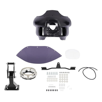 Carénage avant et support de phare ECOTRIC compatibles avec Harley Dyna Wide Glide FXDWG/I 2006-2017, Super Glide FXD/I, Custom FXDC/I, Street Bob FXDB/I, Low Rider FXDL/I avec pare-brise en plastique acier fumé