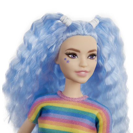 Barbie Fashionistas Doll #170 with Long Blue Crimped Hair, Star Face Makeup, Multi-colour Striped Tee, Denim Skirt, Black Boots & Silvery Chain Belt, Toy for Kids 3 to 8 Years Old, GRB61