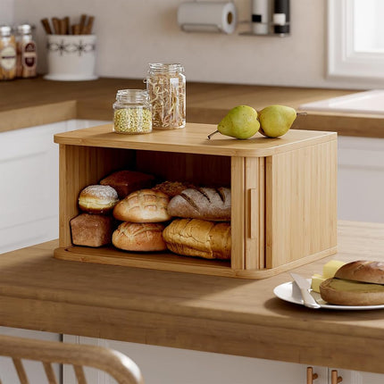 WOWLIVE Bread Box for Kitchen Countertop, Large Roll Top Bread Boxes with Sliding Door, Airtight Bread Storage Container for Loaves, Pastries & Bagels, Bamboo Counter Organizer (Natural, Medium)