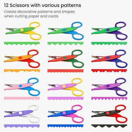 Arteza Kids Decorative Scissors, Set of 12 Different Patterns, 5.5 Inches, Craft Scissors with Patterns, School Supplies and Scrapbooking Supplies for Teachers, Students, and Hobbyists