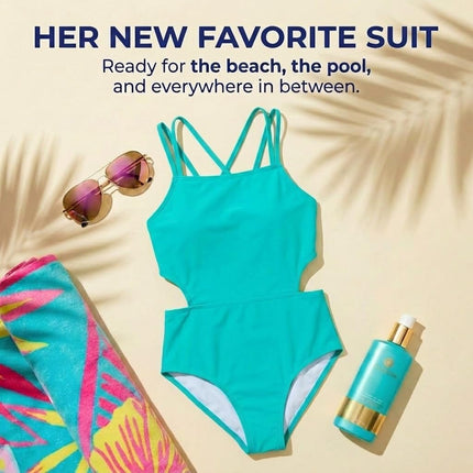 Traje de baño de una pieza con cortes de deporte de playa para niña Kanu Surf, color liso Atlantis, talla 16