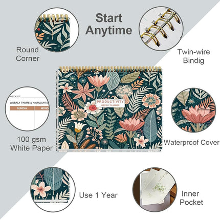 Weekly Productivity Planner - 8.5" x 11" Dashboard Desk Notepad Has 6 Focus Areas to List Tasks for Goals, Projects, Clients, Academic or Meal-Organize Your Daily Work Efficiently, 54 Weeks, Flower-C