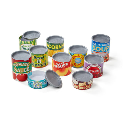 Melissa & Doug ¡A jugar a las casitas! Juego de latas de alimentos para la cocina - 10 latas apilables con tapas extraíbles