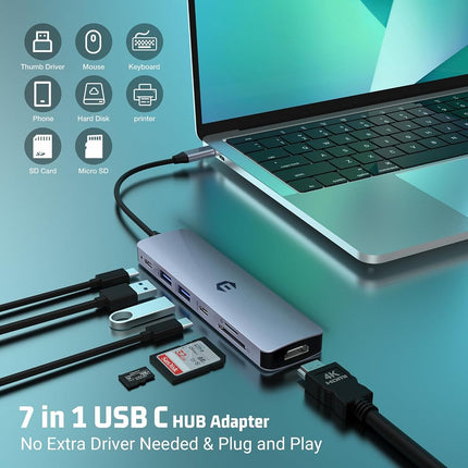 USB C HUB, oditton 7 in 1 Hub Adapter, HDMI Output, 100W Power Delivery, USB C 3.0, 2 x USB 3.0, SD and Micro SD Card Reader, Perfect for Dell XPS/HP/Surface and Other Type C Devices