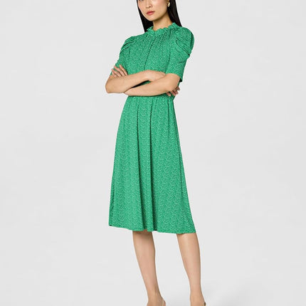 Adrianna Papell Women's Ruffle Neck Short Sleeve Dress Casual, Emerald Scattered Leaf, S