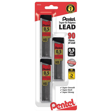 Pentel C25BPHB3K6 Super Hi-Polymer Lead Refills, 0.5mm, HB, Black, 30/Tube, 3 Tubes/Pack