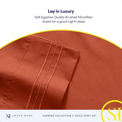 Parures de draps taille complète – Draps luxueux et respirants avec élastique intégral et sangles d'angle sécurisées intégrées – Collection suprême 1800, parure de lit extra douce à poches profondes, parure de draps, taille complète, rouille