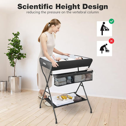 INFANS Baby Portable Changing Table, Infant Diaper Station with Storage Basket & Shelf, Foldable Nursery Organizer (Black)