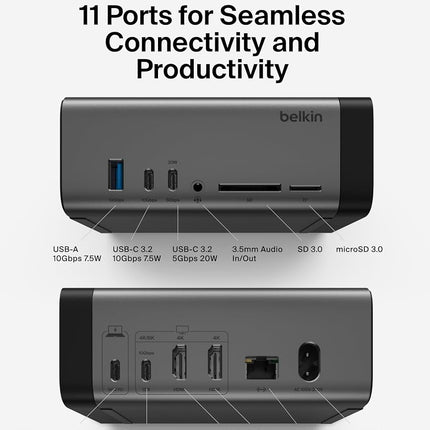 Belkin USB-C Hub, 11-in-1 Pro GaN Dock 150W, Multi-Port Docking Station w/USB-C, USB-A, Ethernet, SD, MicroSD, 3.5mm Port, 4K HDMI Ports for Triple Monitor Display - Compatible w/MacBook Pro & More