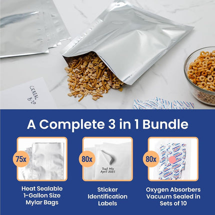 Wallaby 1-Gallon Mylar Bag Bundle - 30 (5 Mil - 10 cm x 14 cm) Bags, 400cc Oxygen Absorbers, Labels - Heat Sealable, Food Safe, Reliable Long Term-Food Storage Solutions - Silver