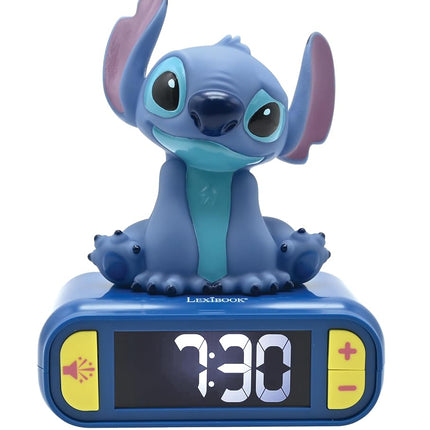 LEXIBOOK, Disney Stitch Night Light Alarm Clock, Sounds and Melodies, LCD Backlit Display, Luminous, Snooze, Blue, RL800D